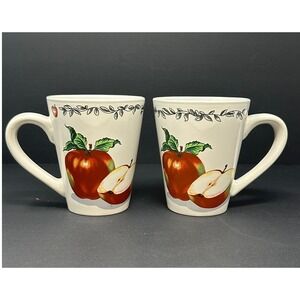 Todays Home Red Apple Ceramic Coffee Mug Set of 2 White Farmhouse Orchard A2